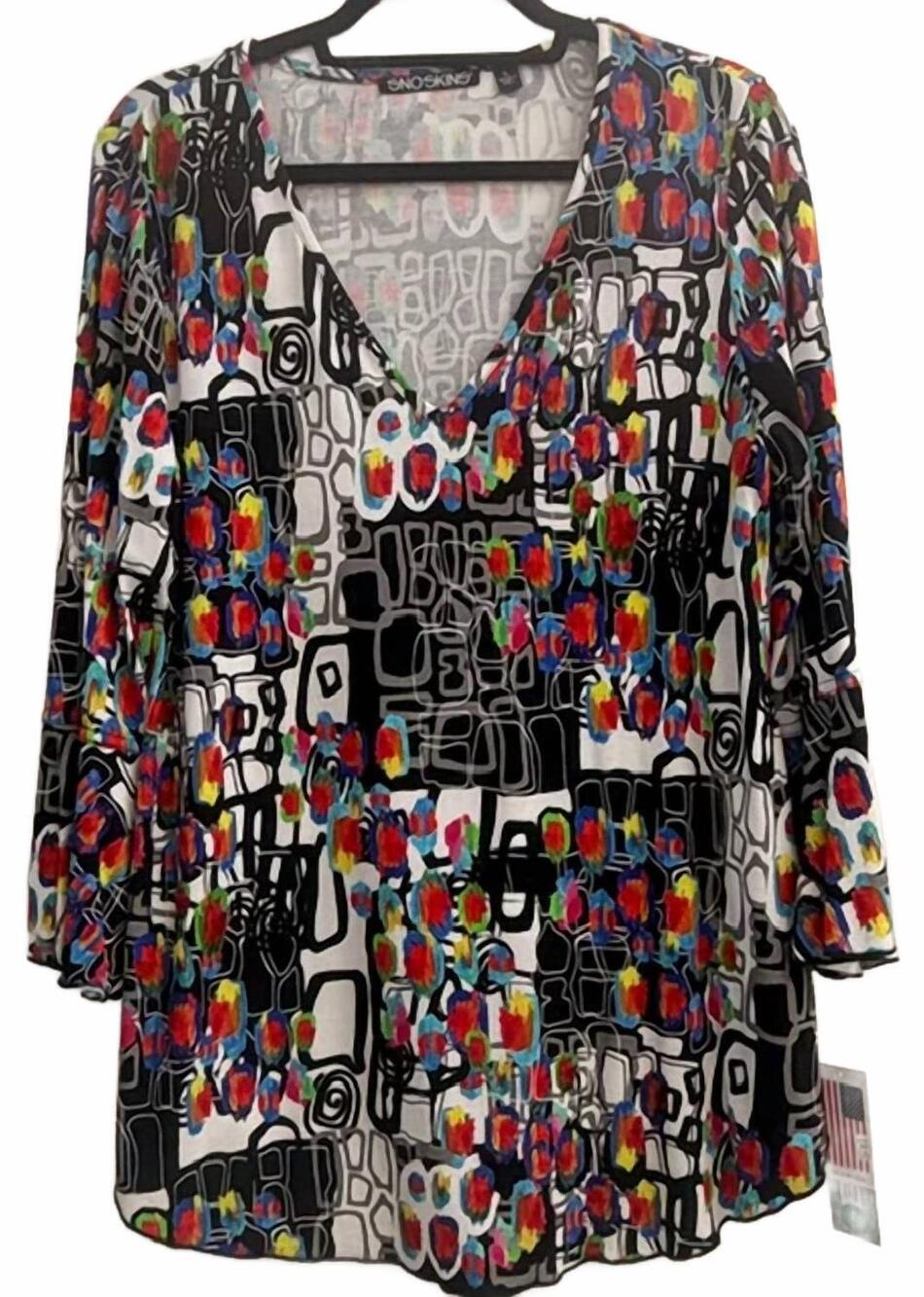 NEW SNOSKINS viscose 3/4 flounce sleeve blouse in multi - Picture 2 of 3